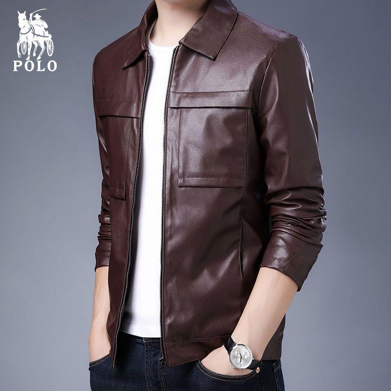 Neue Leder-Taschenjacke Herren Reißverschluss Slim Revers Lässig Lederjacke Dünn Herbst