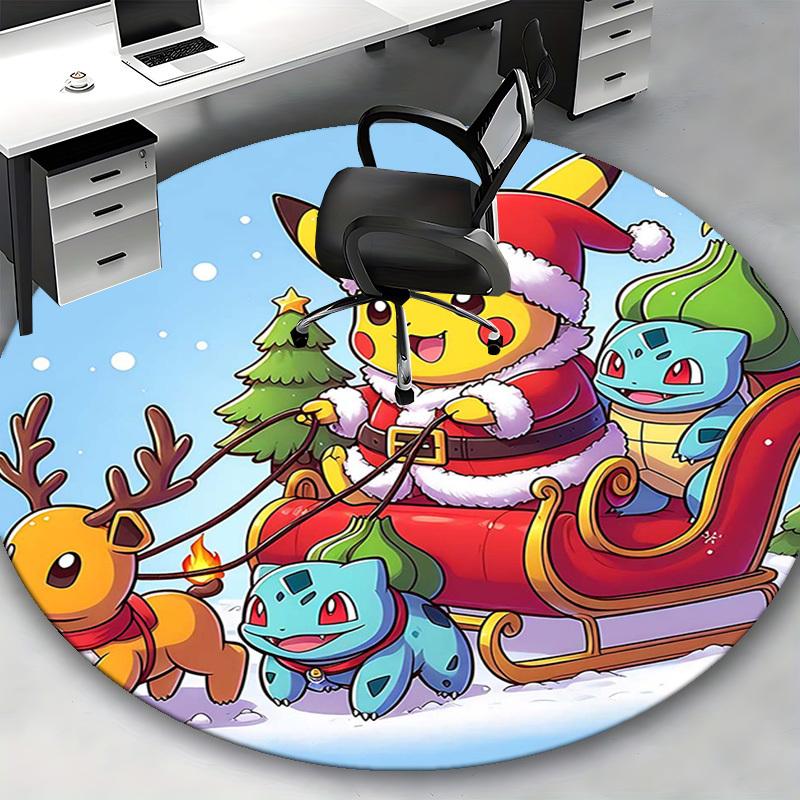 1pc Christmas Pikachu Santa Claus Round Carpet - Anime Design, Holiday Gift, Office Chair Mat, Non-Slip Rug for Home Decor, Living Room