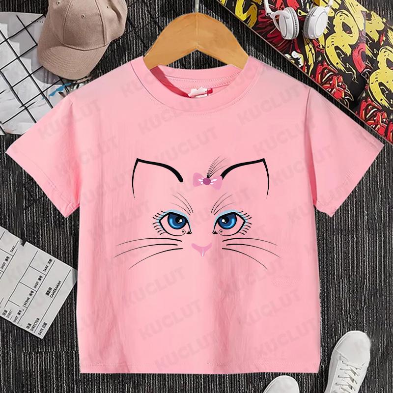 Kids T Shirt Flower Cat Graphic Anime Shirt Summer Girls Floral Kitty Tops Short Sleeve Tee Cute Animal Cartoon Cat White Tshirt