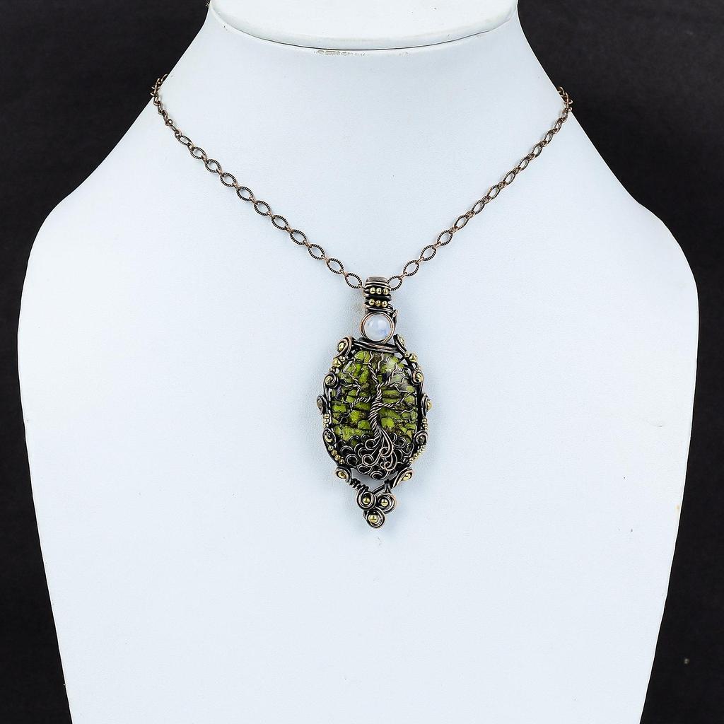 Pendentif Arbre de Vie Cuivre Stichtite Pendentif Enveloppé de Fil de Cuivre Bijou en Cuivre Pendentif Pierre de Lune Pendentif Fait Main Cadeau pour Femmes