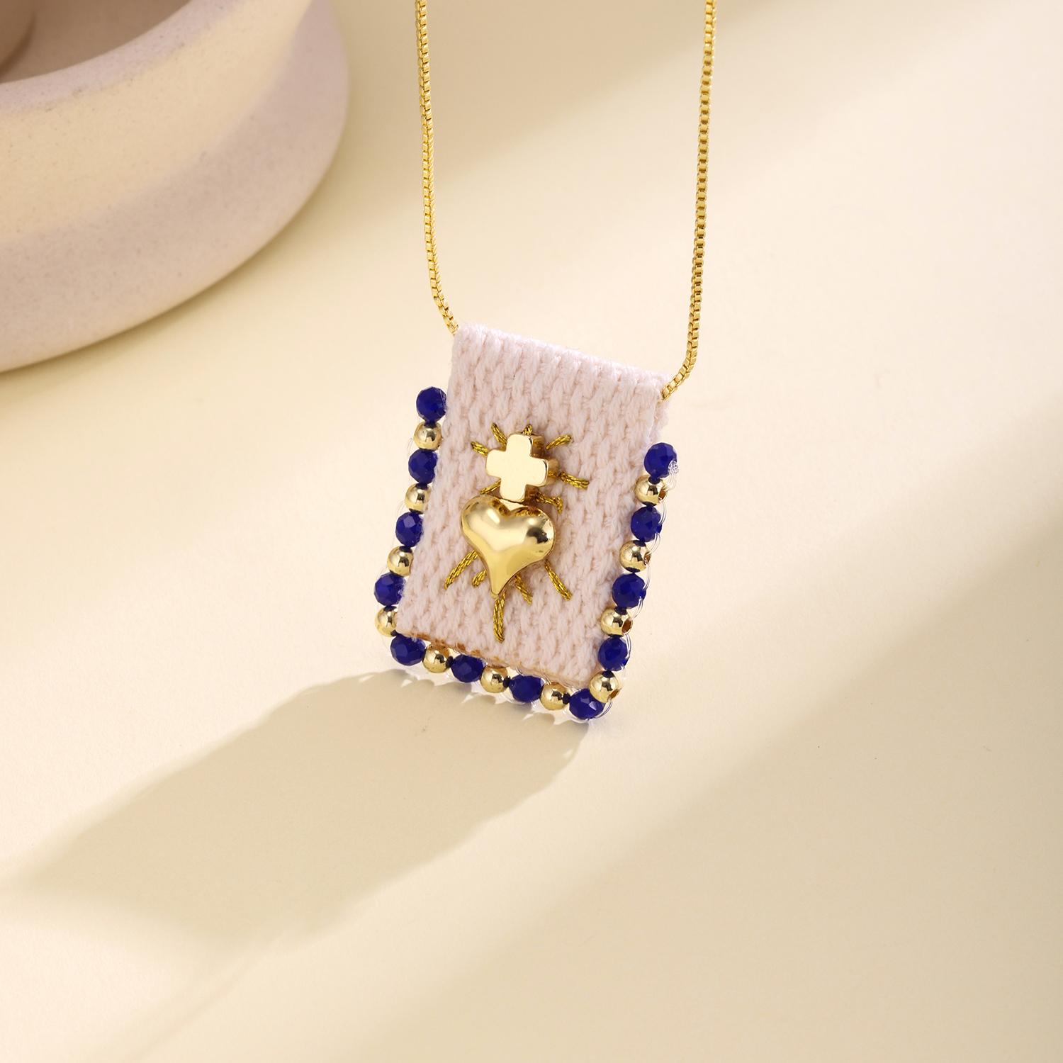 

Nidin Trendy Bohemian Woven Sacred Heart Scapular Pendant Necklace Handmade Beaded Square Choker Neck Fashion Jewelry For Women темно-синий