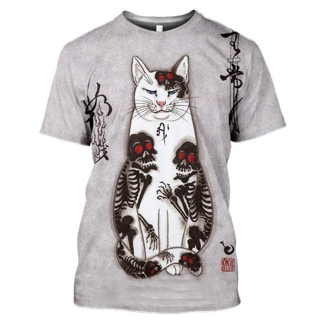 

Summer Fashion Vintage 3D Printed T Shirts Women Samurai Cat Tattoo Shirts Classic Art Crew Neck Short Sleeve Tops 8XL
