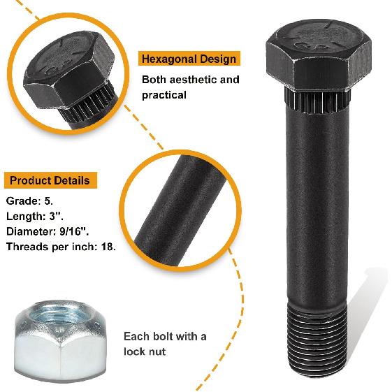 4 Pack 9/16"-18 X 3" Long Trailer Leaf Spring Shackle Bolts W/Lock Nuts, Fit For 1-3/4” Wide Leaf Spring & Double Eye Leaf Springs, For 2,000Lb And