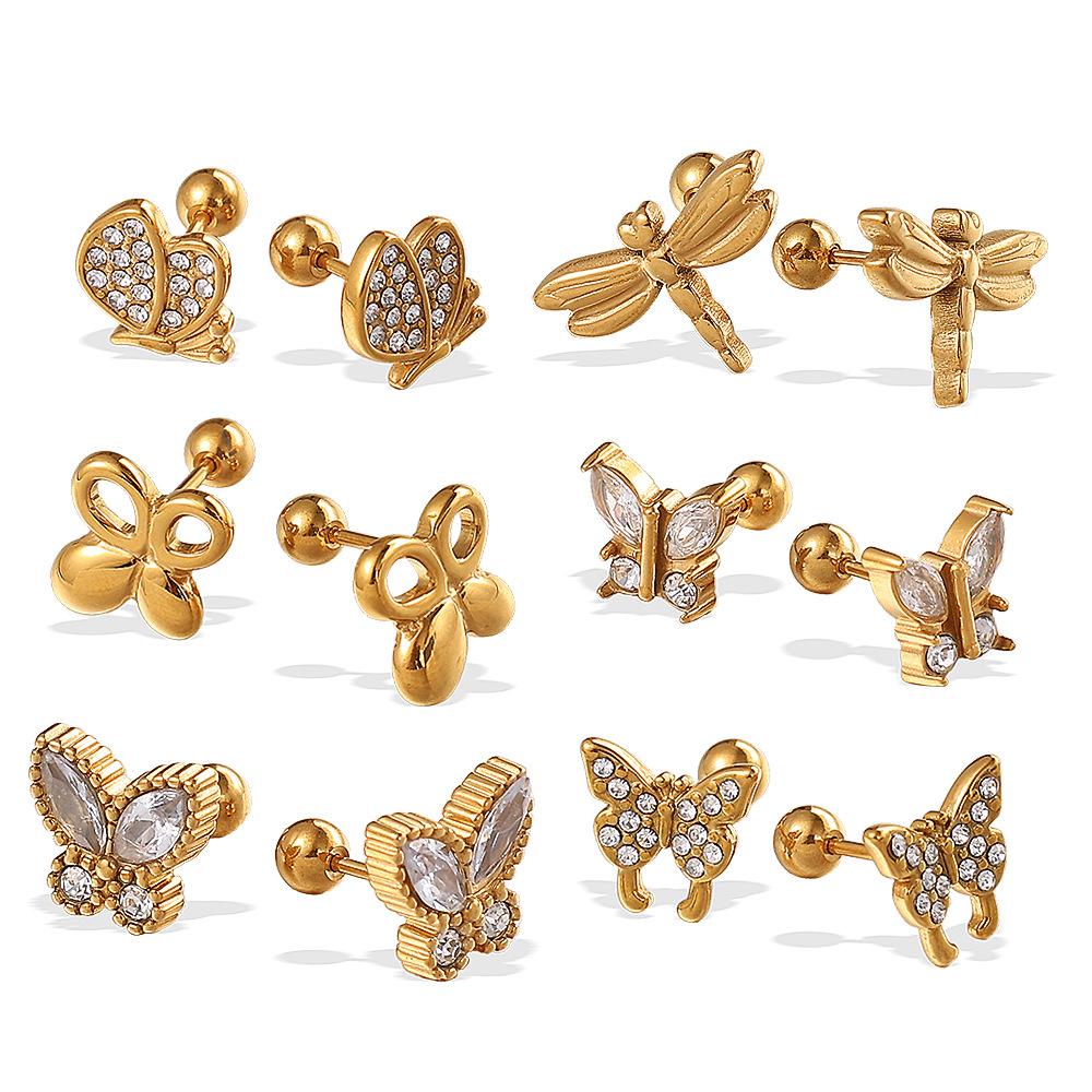 Temperament Versatile Stainless Steel Butterfly Dragonfly Gold Plated Earrings Premium Titanium Steel Earrings Women