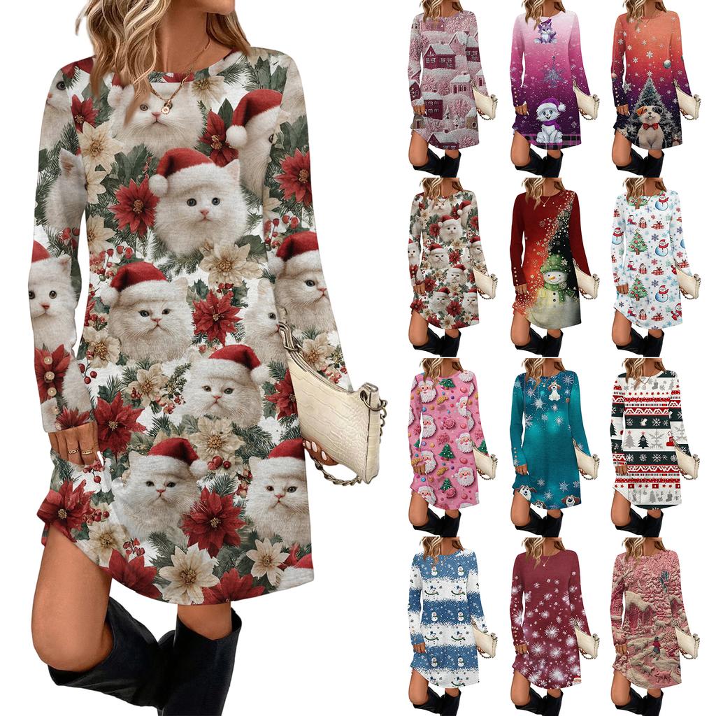 Women's Fashion Casual Dress With Pockets, Decorative Buttons, Christmas Prints, Round Neck And Long Sleeves