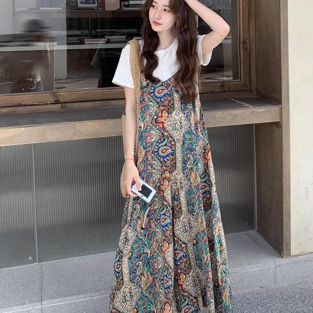 Retro Bohemian Patchwork Wide-Leg Jumpsuit for Women - Strappy, Casual, and Versatile Summer Style