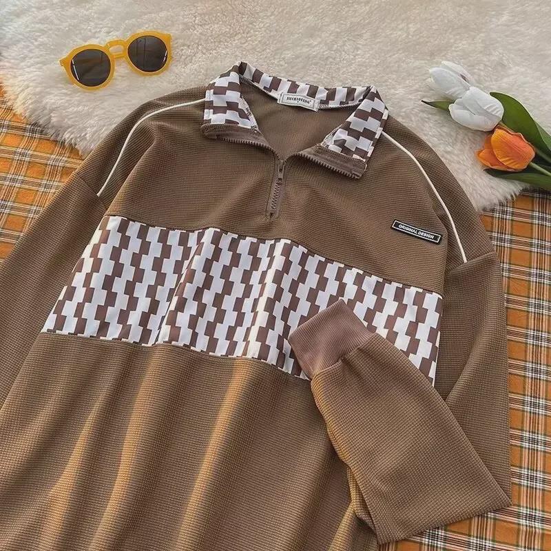 Men's Spring Casual Checkerboard Polo-Collar Sweatshirt - Retro, Loose-Fit Fashion Trend