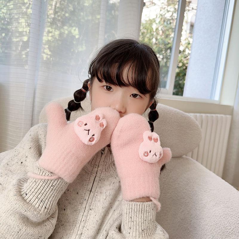Neue Herbst- und Winter-Fingerhandschuhe für Kinder, Koreanische Version, Cartoon-Babyhandschuhe, Verdickt und Samt, Warm, Mit Nackenband, Fäustlinge