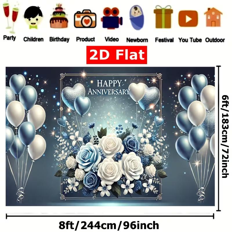 2D Anniversary Photo Backdrop Floral Balloon Party Decor Cloth