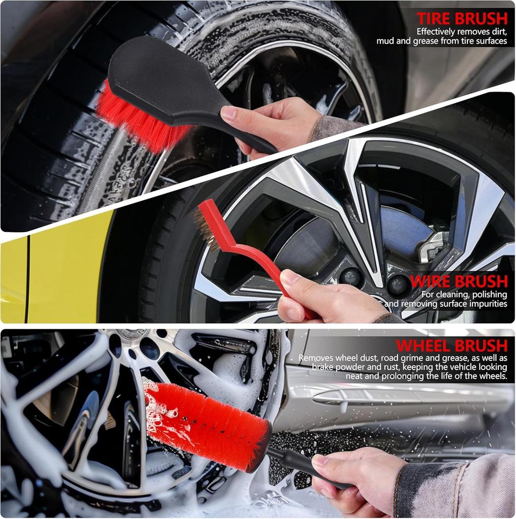 35Pcs Car Detailing Kit, Drill Brush Attachments with Detailing Brush Set and Tools Box, Red Auto Cleaning Kit Interior for Wheels Dashboard Windows