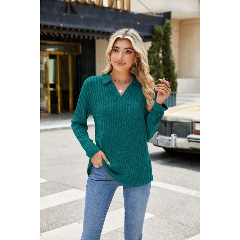 YYFS Women's Fashion Casual Spring Fall Solid Color Print Long Sleeve POLO Neck Blouses & Shirts