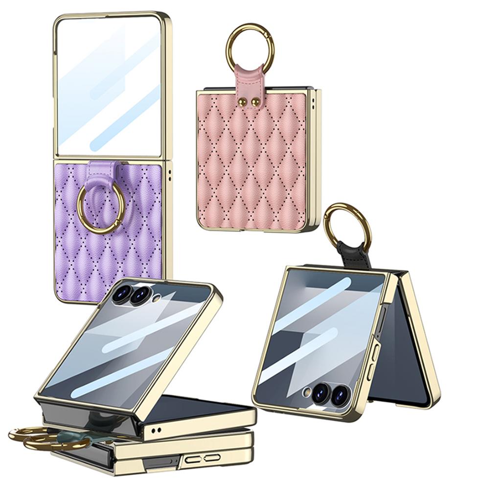 Luxury Diamond Leather Ring Holder Case for Samsung Galaxy Z Flip 7 6 5 Screen Glass Plating Edge Cover for Galaxy Z Flip7 Case