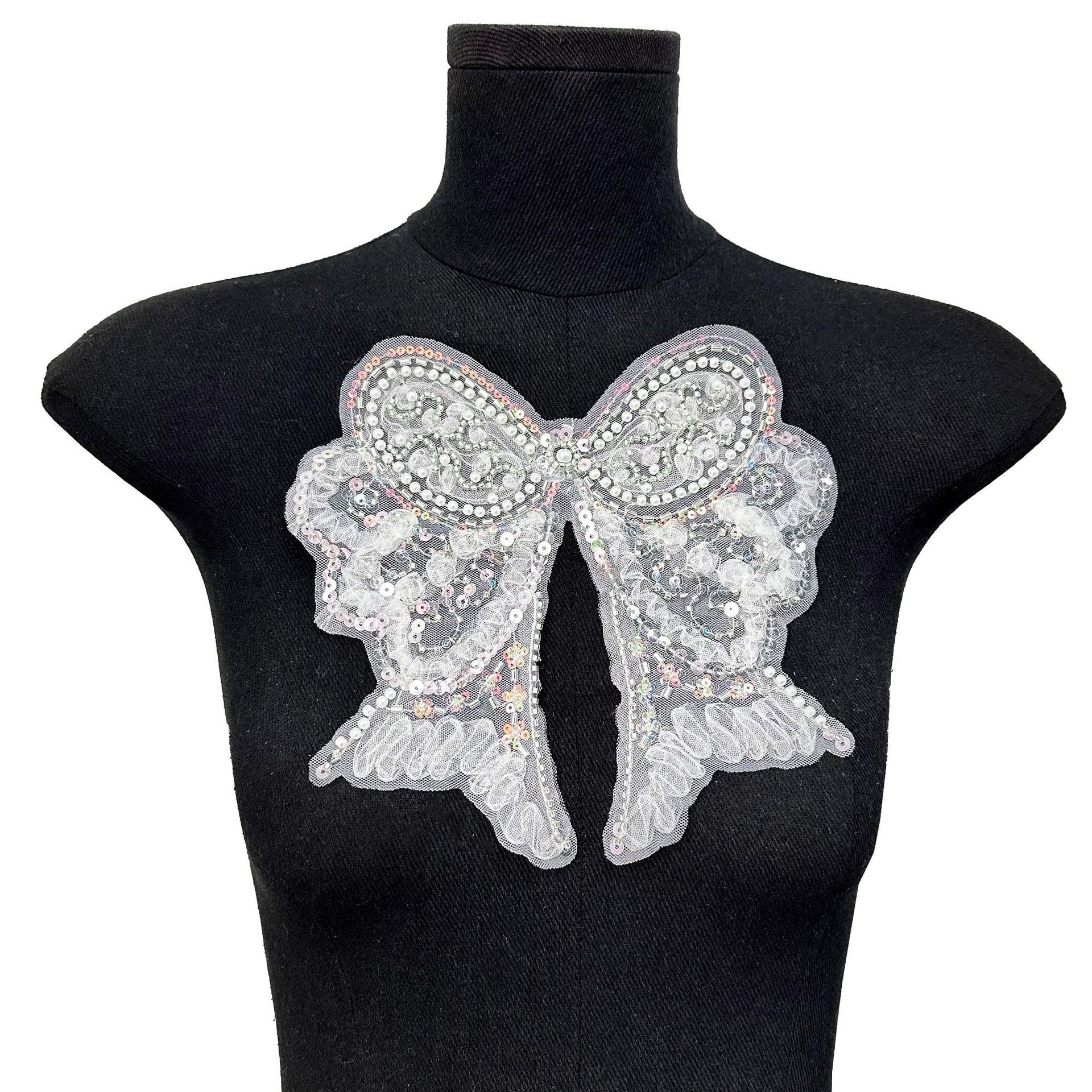 

Mesh Bead Sequined Lace Bow Versatile Skirt Sweater Cloth Sticker Decorative Clothing Accessories H3002 White