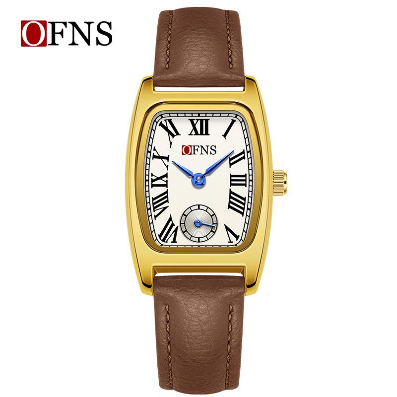 Fashion Ofns Brand Women's Quartz Watch Vintage Barrel Shape Two Half Hand Leather Strap Waterproof Dress Leather Wrist Watches