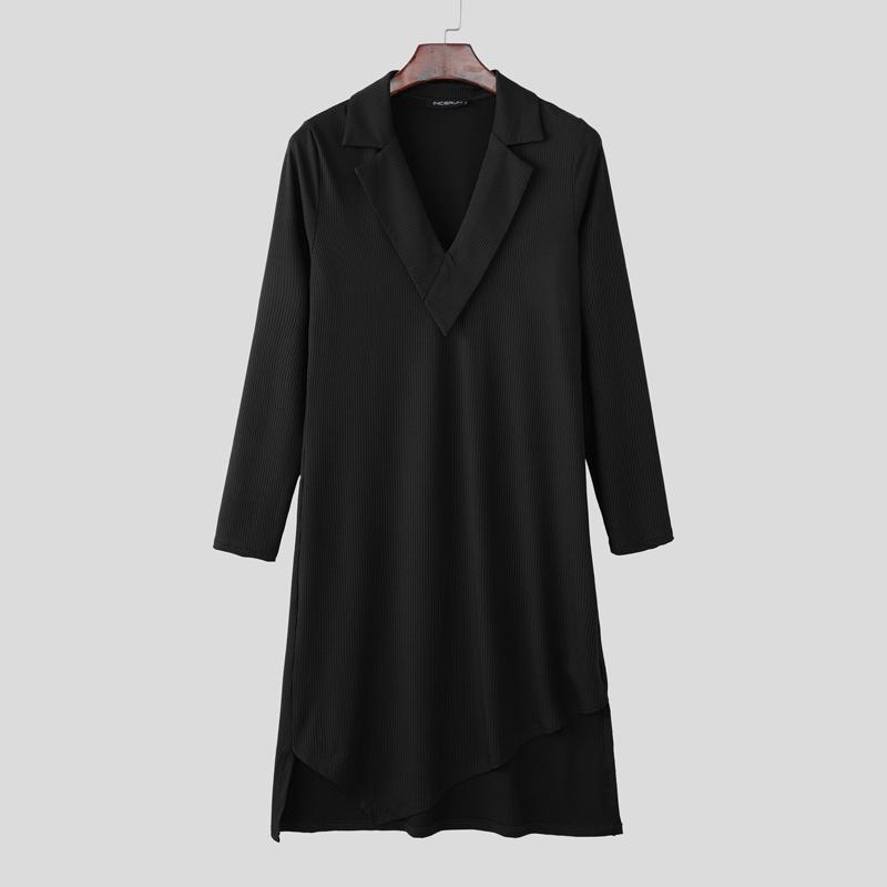 INCERUN Men s Lapel V Neck Long Sleeve Patchwork Fitted Irregular Long T-shirts Tops S чёрный