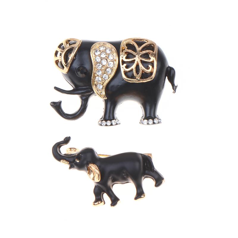 Black Gold Retro Elephant Brooch Set Shiny Rhinestone Inlaid Exquisite Craft for Women Hat Bag Decoration Jewelry Gift