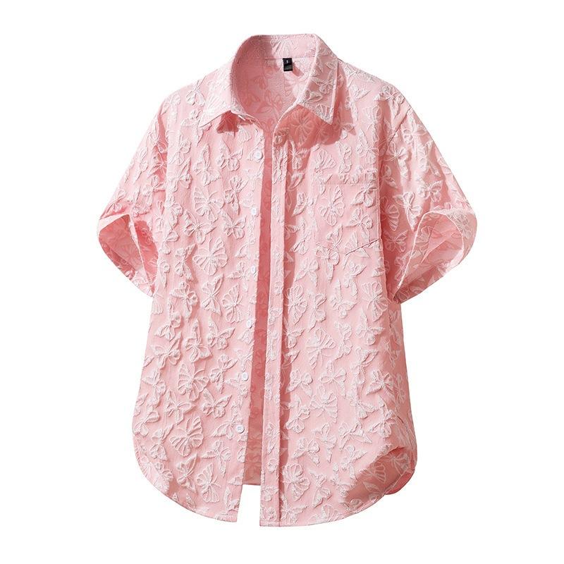 Men Casual Printed Short Sleeve Lapel Loose Plus Size Shirt S розовый