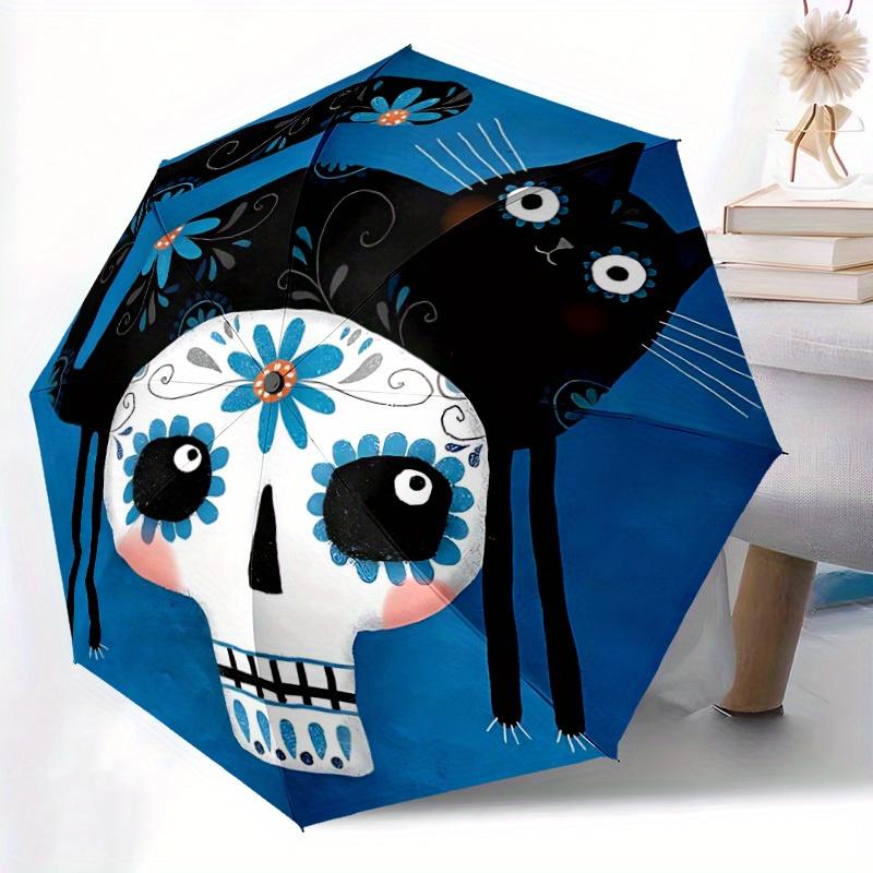 1pc Sugar Skull Cat Automatic Open 8-Rib Windproof Umbrella, Travel & Commuting, Suitable for All Seasons