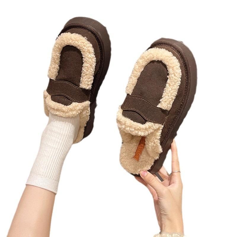 Fashion Fluffy Slippers Women's New Autumn and Winter Thick-bottomed Warm Bag Head Solid Color Half-tray Cotton Slippers