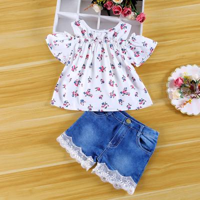 Newborn Infant Baby Girls Off Shoulder Print Tops Shirt+Denim Pants Outfits Sets