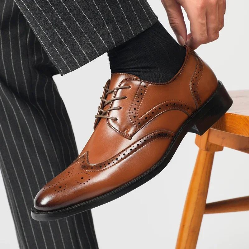 Luxury Men Dress Shoes High Quality Genuine Leather Casual Shoes 6cm Height Increase Leather Footwear Laced Oxfords Wedding Shoe