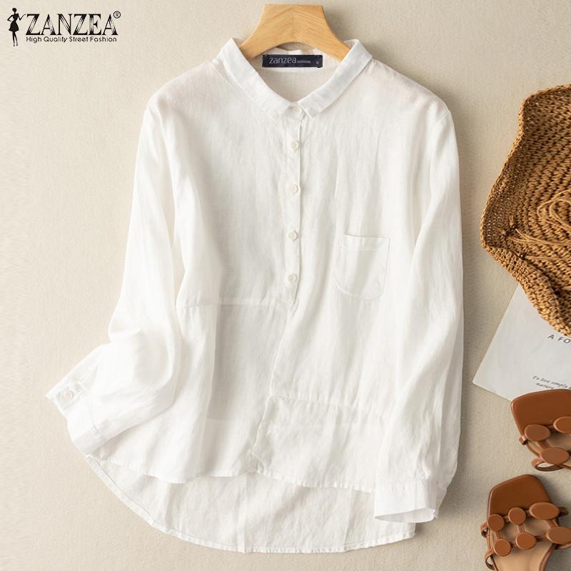 

ZANZEA Женская блузка Повседневный откидной воротник с длинным рукавом Хлопковые рубашки