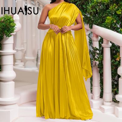 Düz Renk Baskı Bir Omuz kadın Tek omuz Pilili Uzun Etek Eğik Yaka Bel Yüksek Bel Elbise