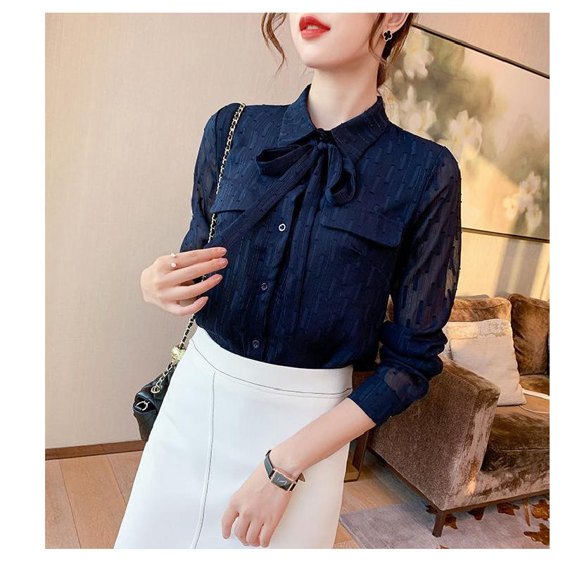 Bow-tie chiffon women's long-sleeve shirt, 2026 new model, spring and autumn blue blouse