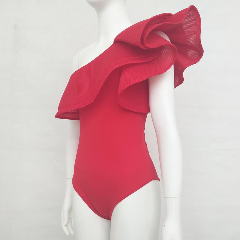 Traje de baño mono ajustado de Color sólido con encaje de hoja de loto sexy de un solo hombro para mujer