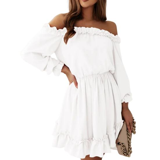 

Облегающее талию мини-платье с длинным рукавом однотонное с оборкой по подолу с открытыми плечами женское летнее платье женская одежда L