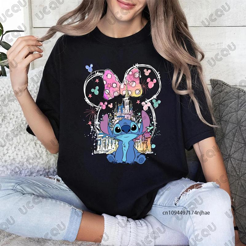 Summer New    Stitch Mickey Castle Magic Kingdom Print WoUnisex Cotton T Shirt Short Sleeve Tees Casual Couple Y2K Tops