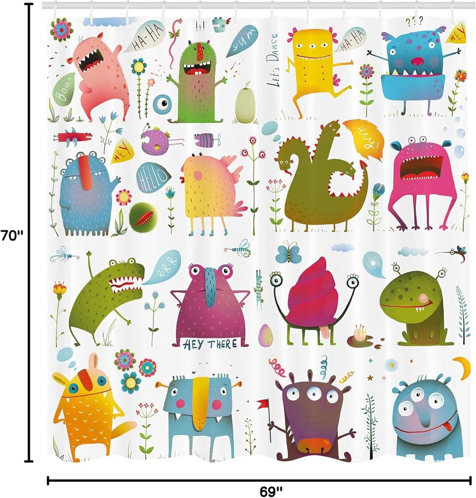 Tenda da Doccia Mostri Cartoni Animati Carini Decorazione Bagno Bambini Design Colorato Divertente Arte Giocosa Accessori Bagno Tessuto Impermeabile