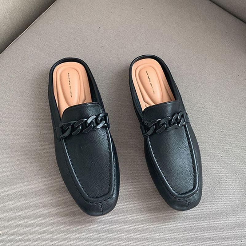 Metal Chain Summer Women Mules Slip On Flat Loafers Closed Toe Moccasins Fashion Designer Comfy Pu Leather Casual Slides Shoes
