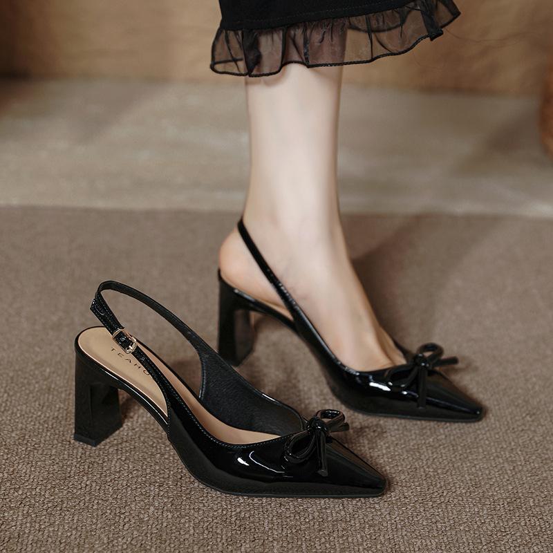 2025 Summer New Little Chic Women's Sandals - Toe-Covered Backless, Bow Decor, Chunky Heel, Fashionable Versatile, Elegant Party/Date Shoes XW-9612-2