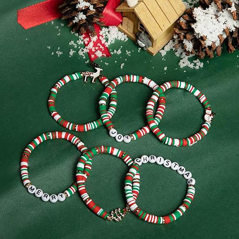 6-Piece Christmas Clay Bead Bracelet Set – Festive Red & Green Stackable Bangles with JOY/MERRY Charms, Xmas Party Gift for Women & Girls