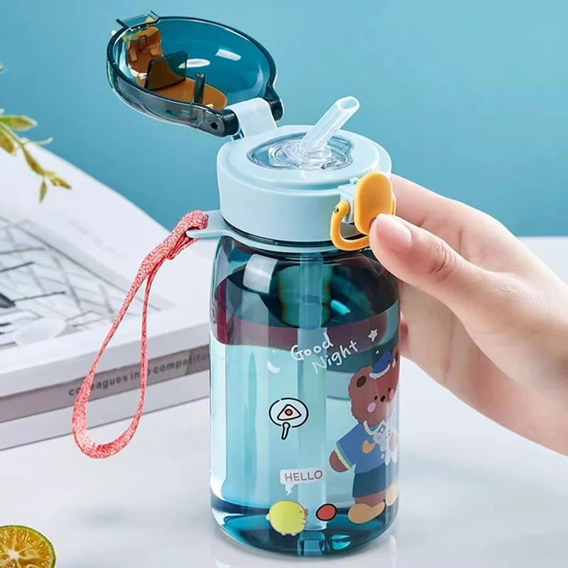 Cartoon teddy bear children's plastic cup, portable for school, outdoor, with rope, one click open cover, summer straw water cup