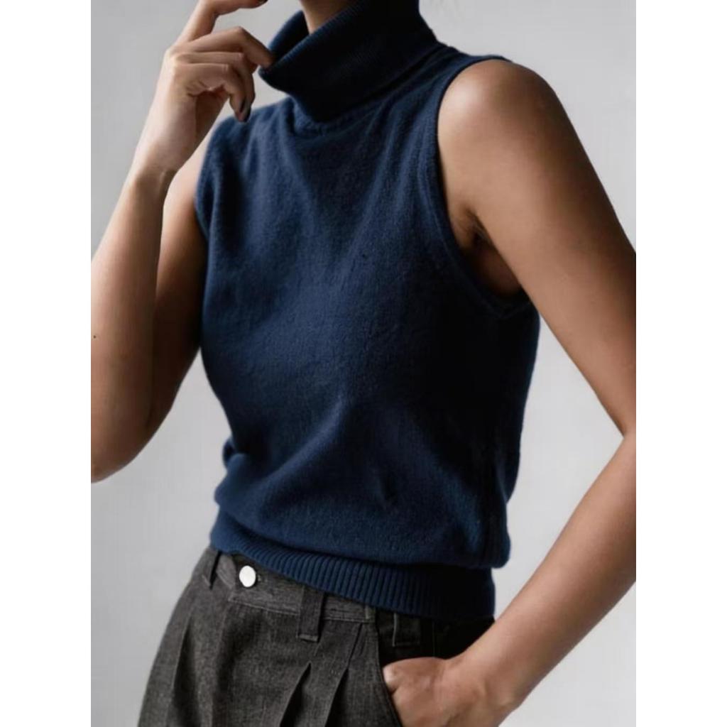 Fall New Women's Sleeveless Knit Tank Top, Simple High Neck Knit Vest Top for Women, European & American Style