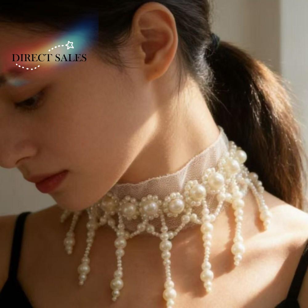 Neck Pendant White Pearl Lace Choker Creative French Style Tassel Beads Necklace Alloy Collarbone Chain Mesh Neck Jewelry Daily