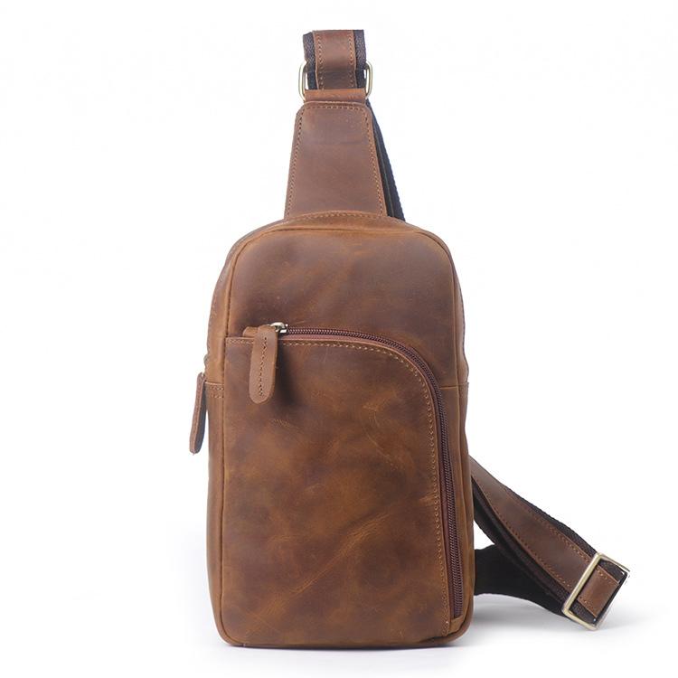 Men'S Vintage Leather Breast Bag Women'S Crazy Horse Leather Crossbody Bag Large Capacity Cowhide Shoulder Bag