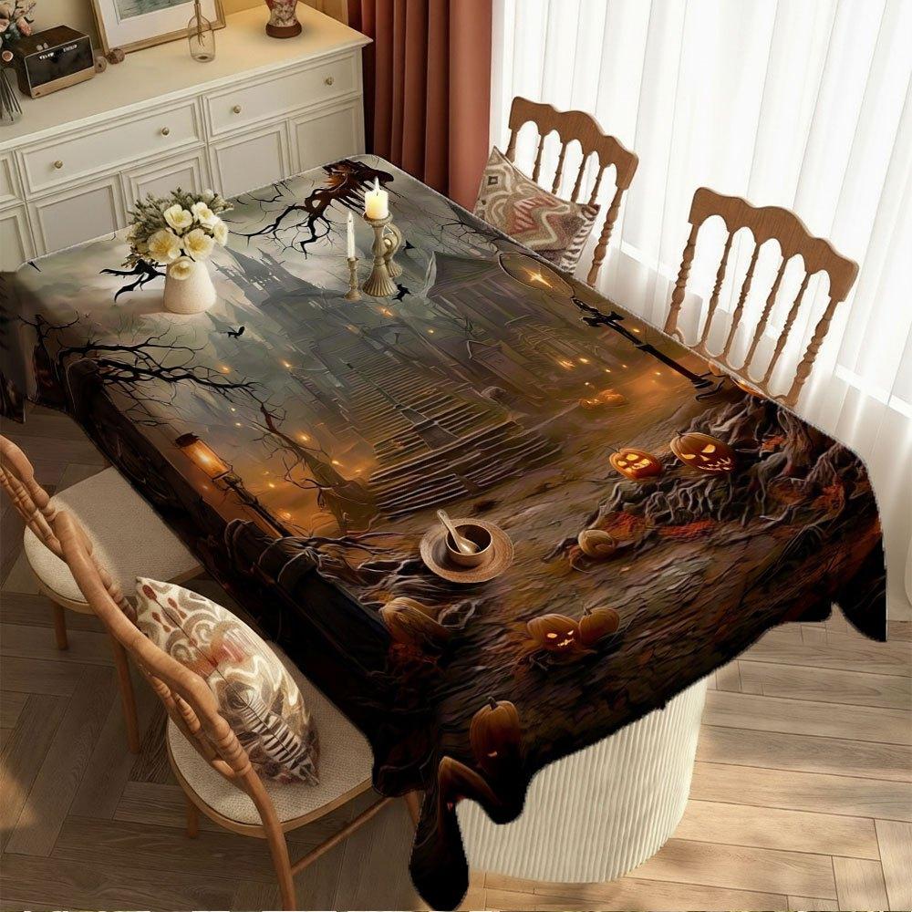 1pc Tablecover, "Haunted Castle Pumpkin Lantern Shadow" HD Digital Print Tablecloth, Fashionable Tablecloth, Placemat, Coffee Table Mat, High-End Dini