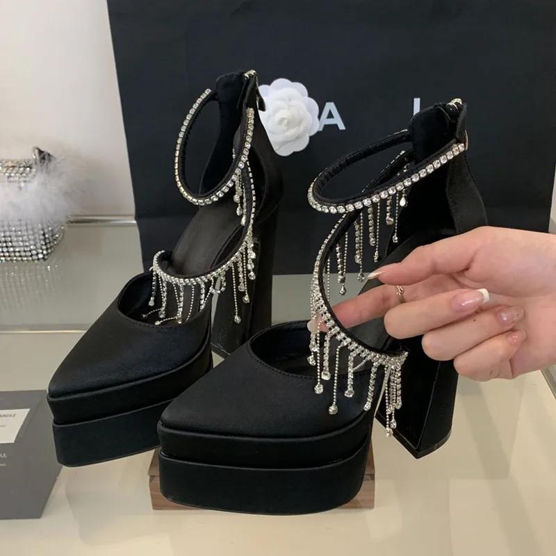 Fashion Luxury Rhinestones Tassels Satin Women Pumps Elegant Pointed Toe Platform Wedges Super High Heels Runway Style Party Prom Shoes