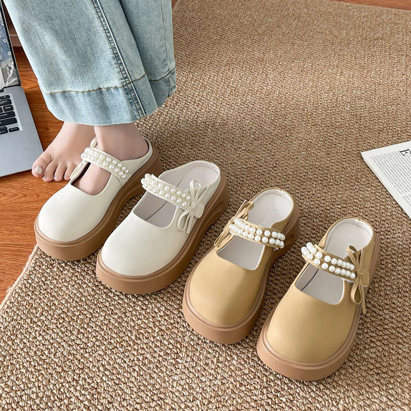 Französische Baotou Halbschuhe Damen Oberbekleidung 2025 Sommer neu Perle Feenwind dicker Boden Mary Jane coole Hausschuhe