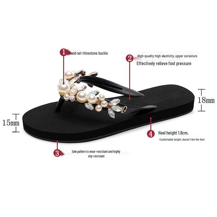 Women's Summer Pearl & Rhinestone Flat Heel Toe Cover Slippers