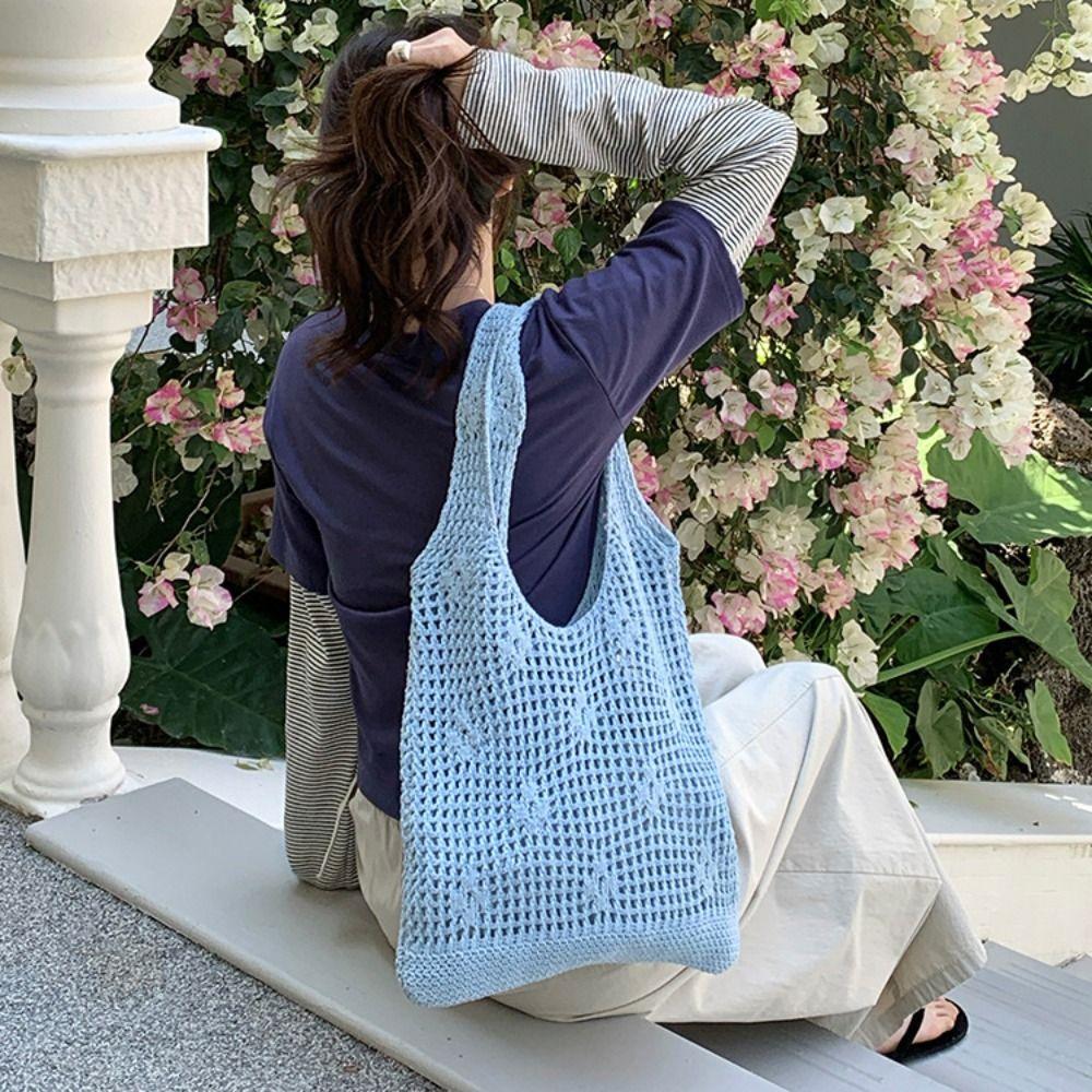 Braided Crochet Flower Tote Bag Solid Color Beach Bag Sweet Hollow Out Knitted Weave Bag  Daily