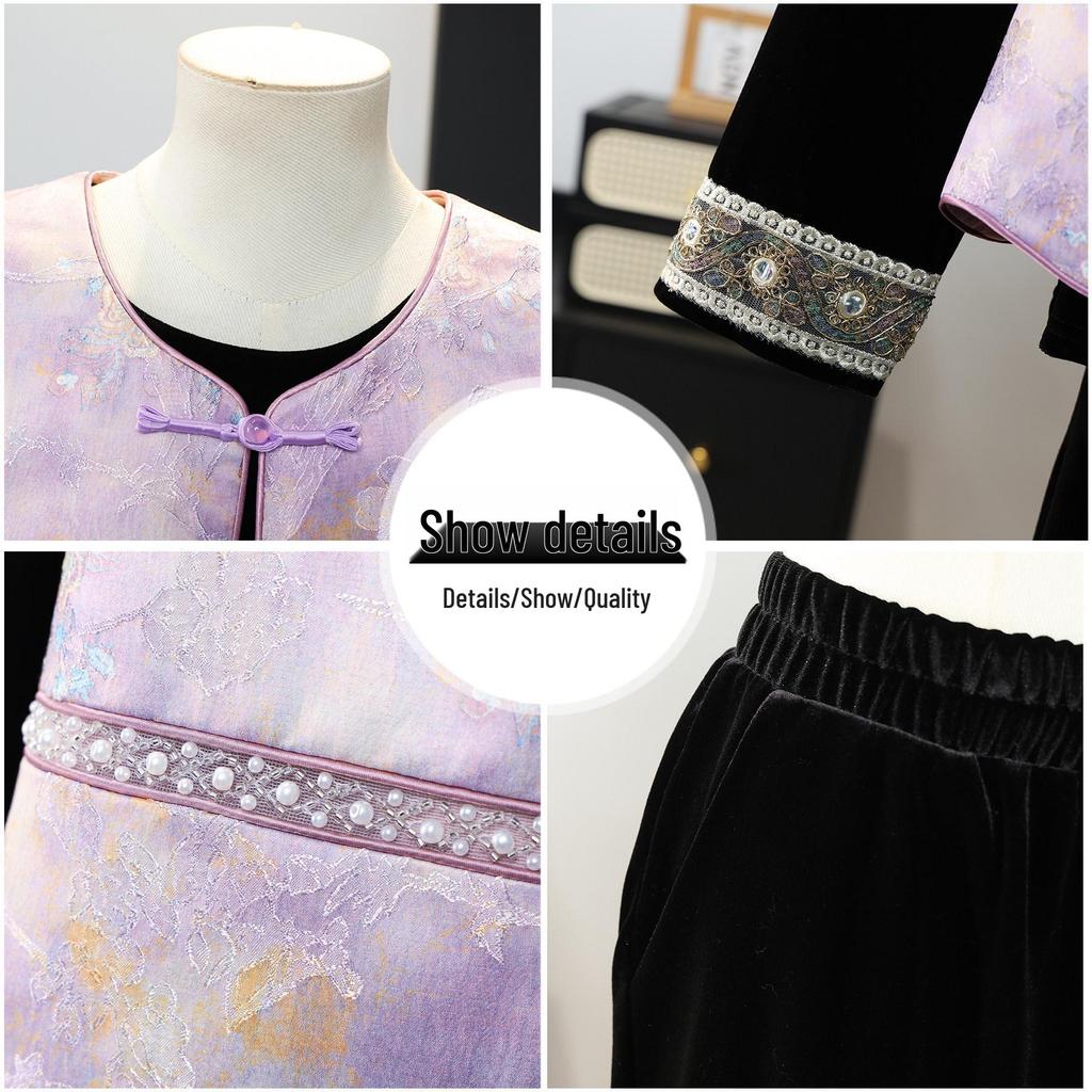 Gold Velvet Suit for Middle-aged Women - Spring/Autumn Noble Lady Three-Piece Set with Chinese Style Printed Vest.