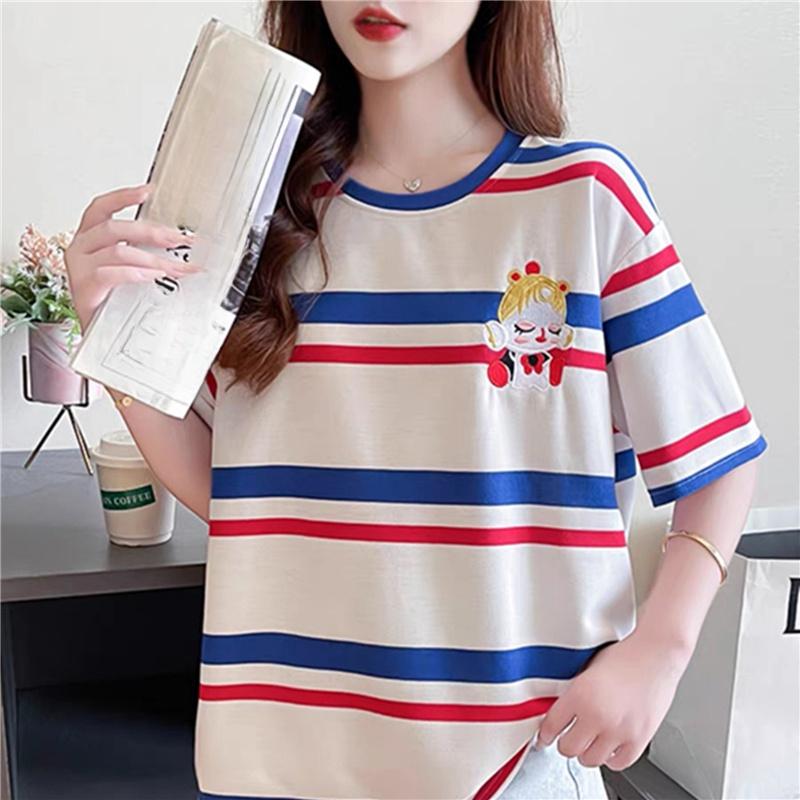 harajuku cartoon embroidery short sleeve T Shirt 2025 Summer fashion stripe T-shirt casual loose Women Clothing young girls white y2k Tops streetwear