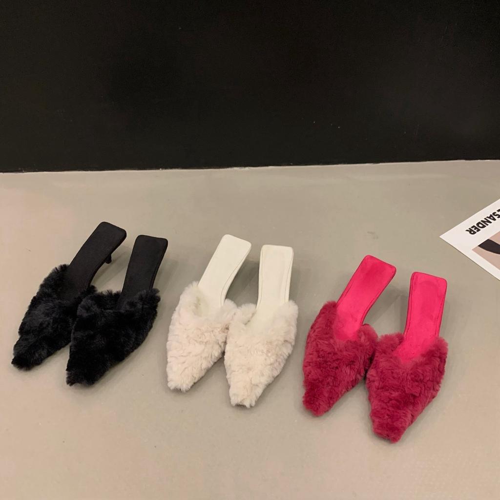 2024 Autumn New Slippers Women's Fashion Temperament Beautiful Color Fluffy Half Slippers Women's Fine Heel High Heel Bag Head Drag