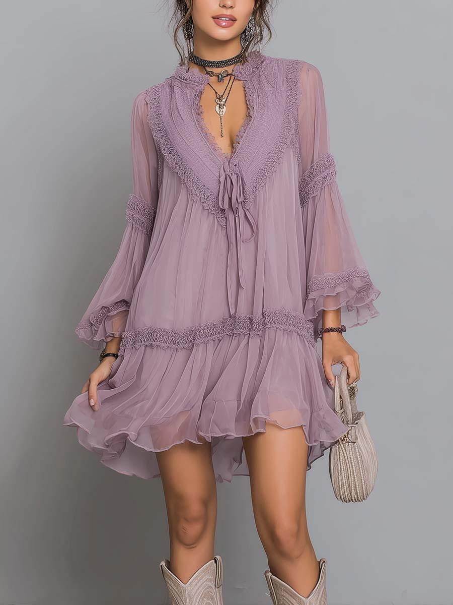 2026 new European and American women s clothing purple lace-up ruffle edge chiffon dress fashion vacation style S