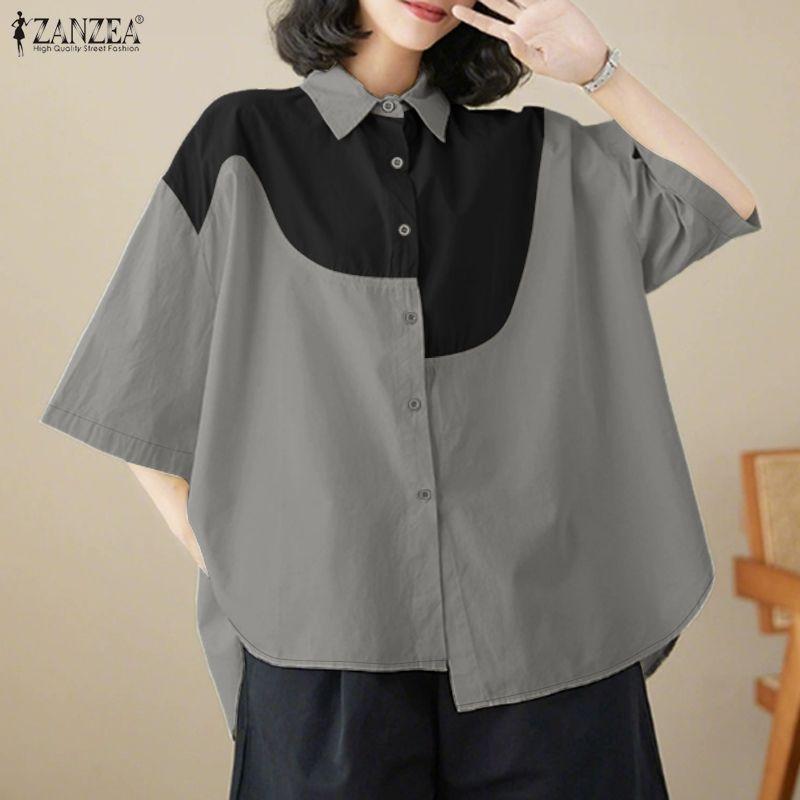 ZANZEA Women Casual Turn Down Collar Loose Patchwork Half Sleeve Blouse