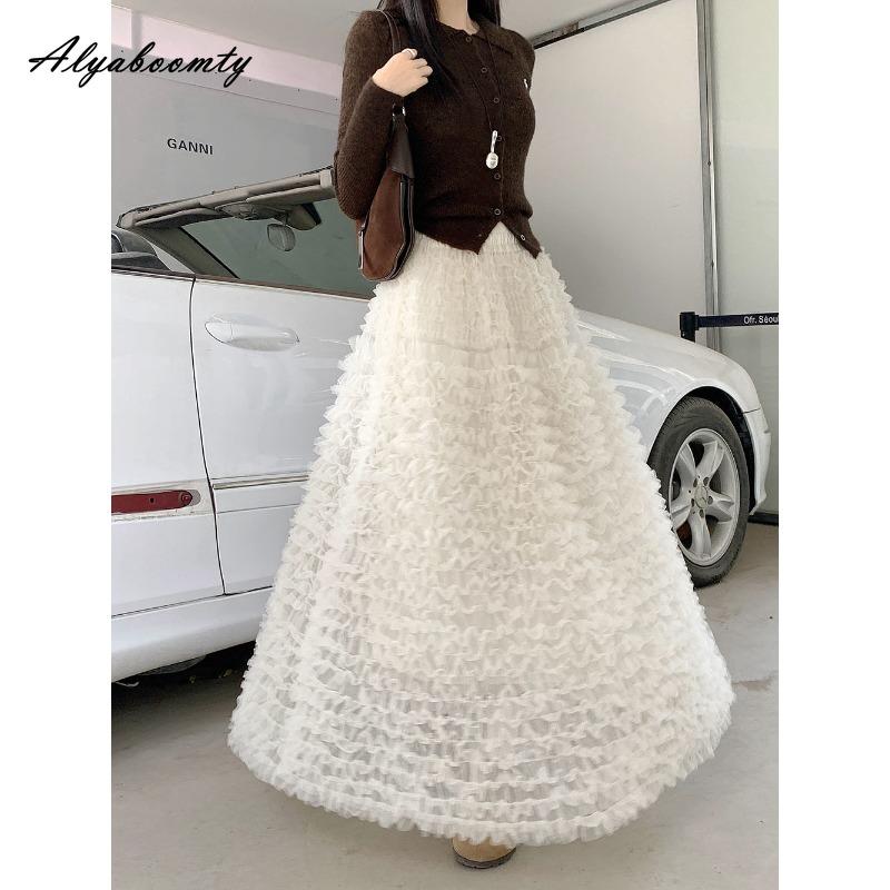 2026 French Style Spring Summer Women Princess Skirt High Waist Beige Black Blue Layered Ruffles Skirt Elegant Feminine Maxi Long Party Skirt